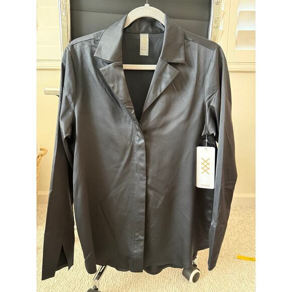 Black Party or Work Blouse by Rhone, Satin Button-Up – Size Medium - Picture 4 of 5